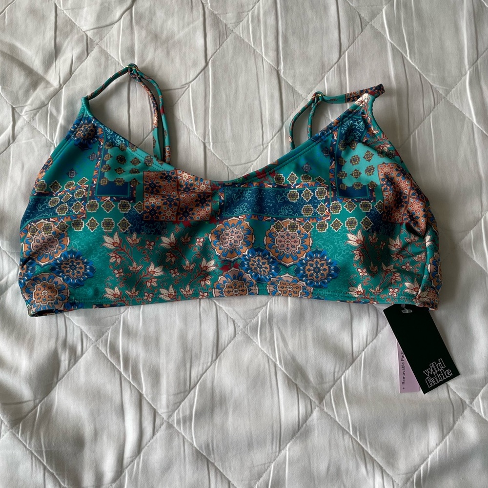 NWT Wild Fable Teal Boho Floral Mosaic Swimsuit Bikini Top